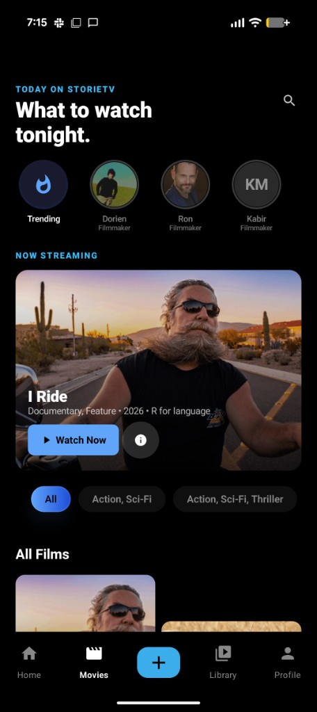 StorieTV app home screen showing films and what to watch tonight